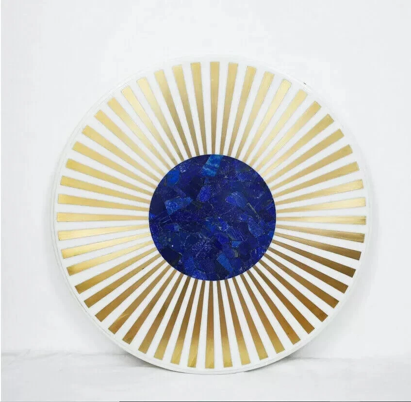 30" Round whiteMarble Table with golden Inlay and 